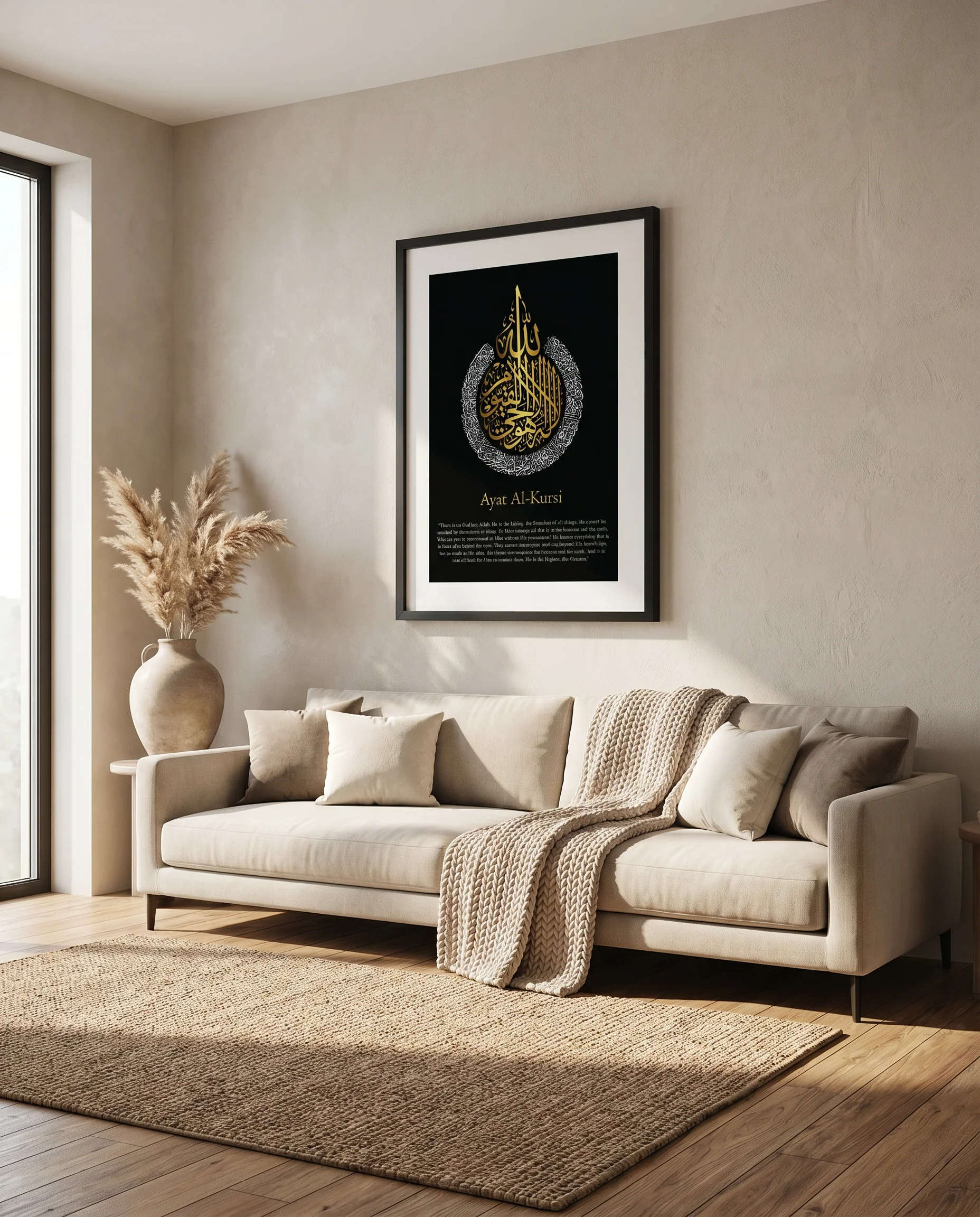 Ayatul Kursi English Calligraphy Black (White and Gold Design) Frame - Image 7